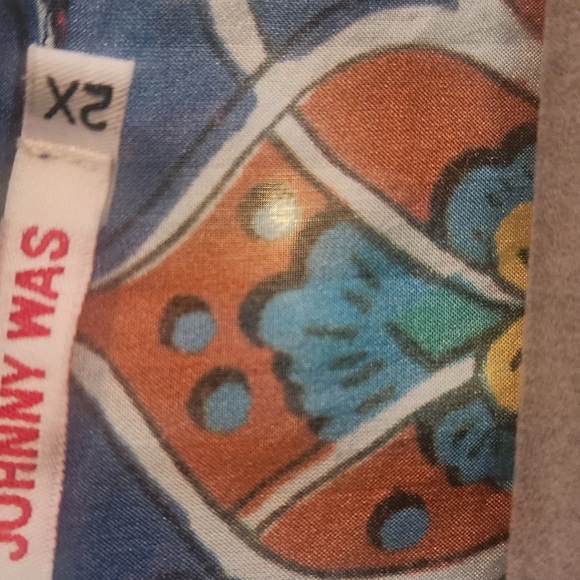 Johnny Was Graphic Yellow and Blue Silk Tunic - Picture 3 of 4